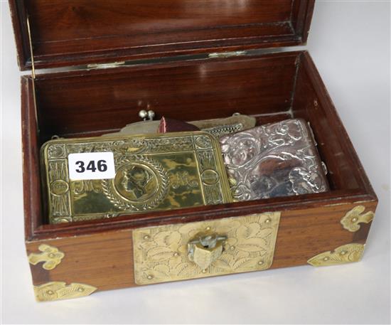 An Art Nouveau silver case, a cased silver thimble and other items in an Oriental box